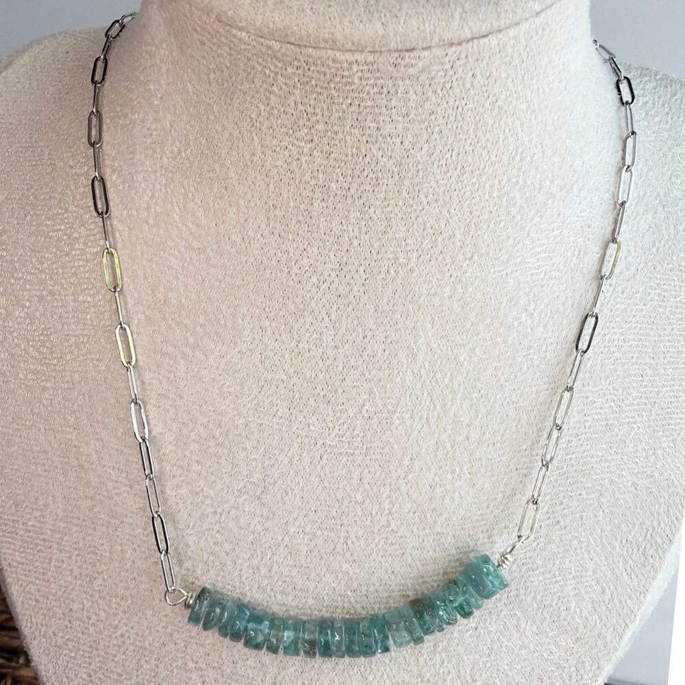 17.5" Sky Blue Apatite Minimalist Necklace, Paperclip Chain, Silver, Adjustable